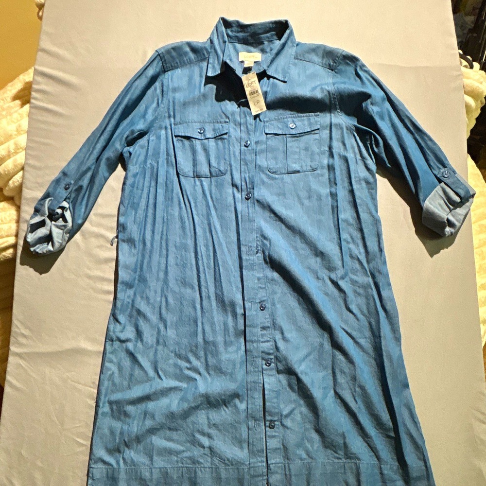 LOFT Outlet Women Petite Large Blue Chambray Button Down Shirt Dress NWT LP